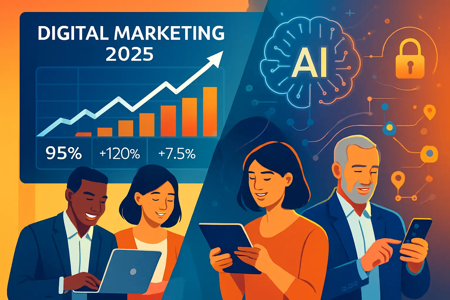 A professional, dynamic illustration depicting the strategic application of advanced Digital Marketing techniques to achieve business growth